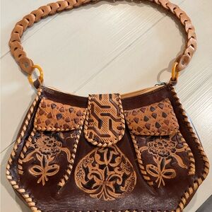 Intricate Brown and Tan Shoulder Bag with Vintage Design